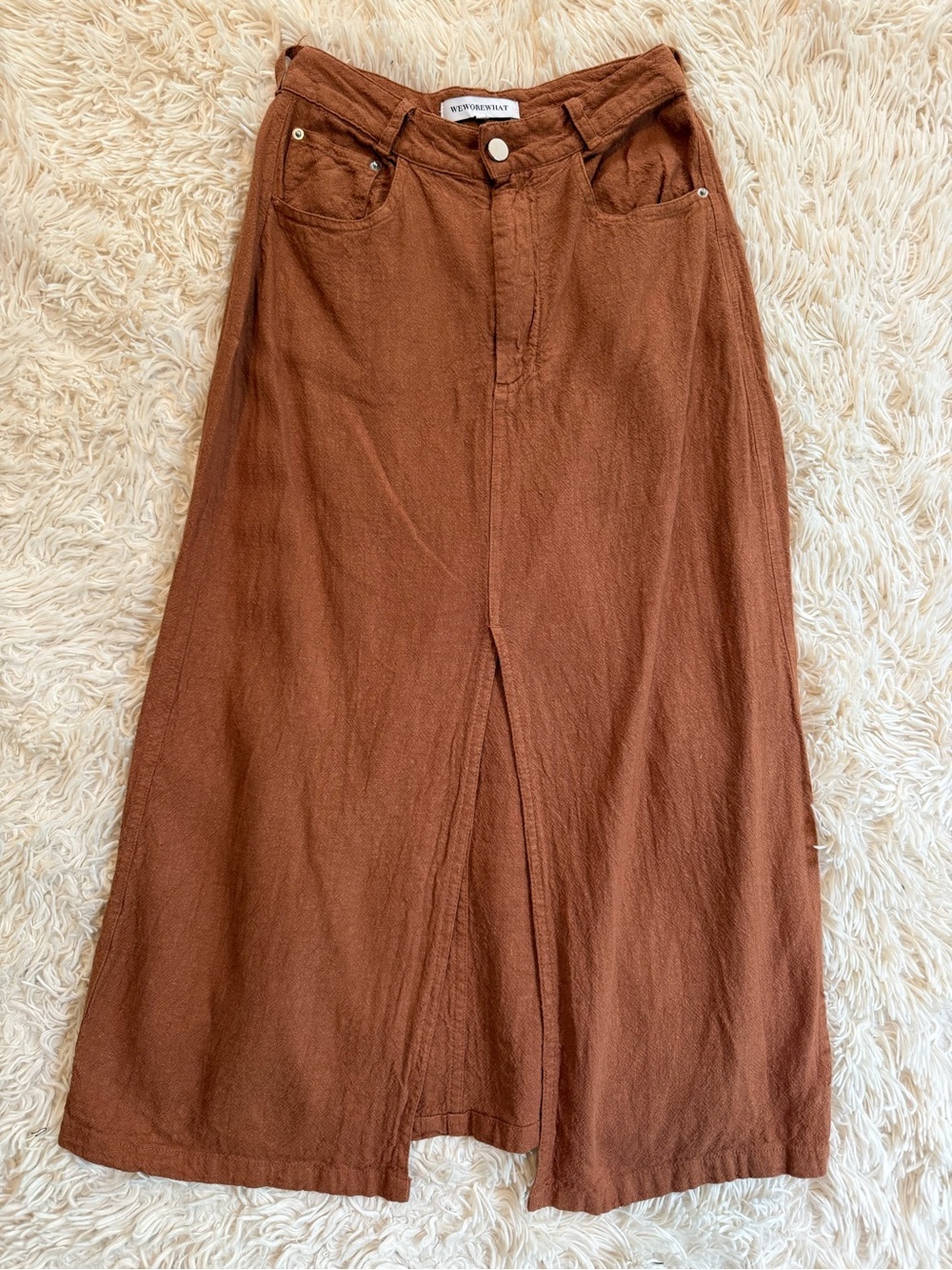 WEWOREWHAT Linen Blend Maxi Skirt Brown High Rise Front Slit XS Boho Casual